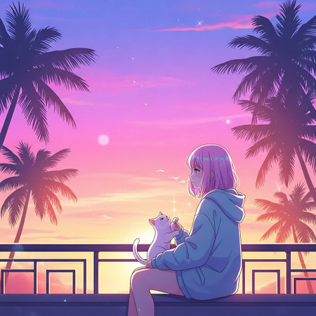 Girl sitting on the balcony with a cat at sunset. Vector illustration.の素材