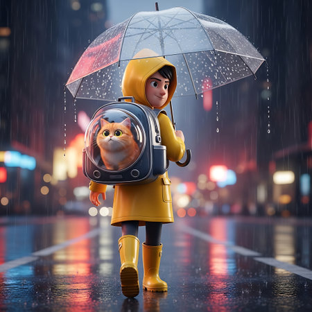 3D rendering of a girl in a raincoat with an umbrella and a cat on the streetの素材