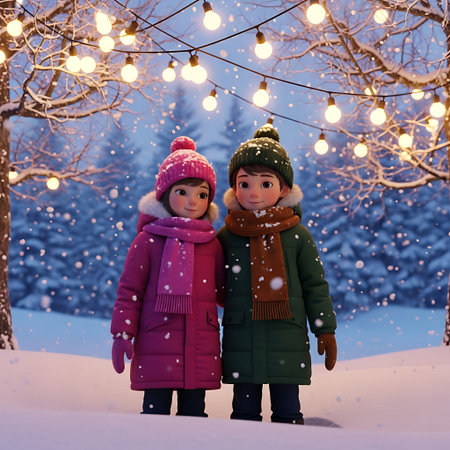 Two little girls in the winter forest with a garland of lights.の素材