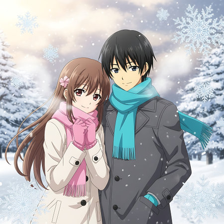 Cute couple in winter scene with snowflakes. Vector illustration.の素材