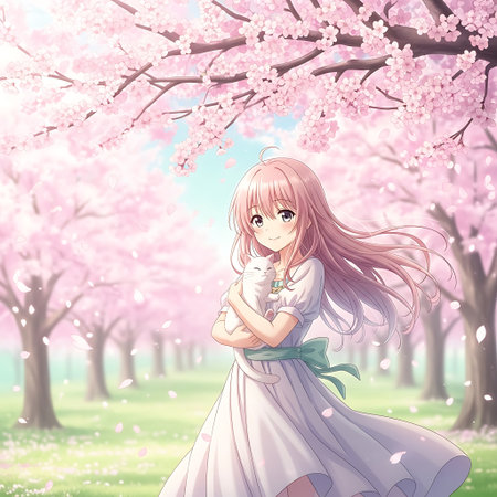Cute girl and cherry blossom in spring time, hand drawn illustrationの素材