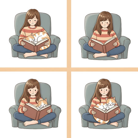 Set of illustrations of a girl reading a book. Vector illustration.の素材