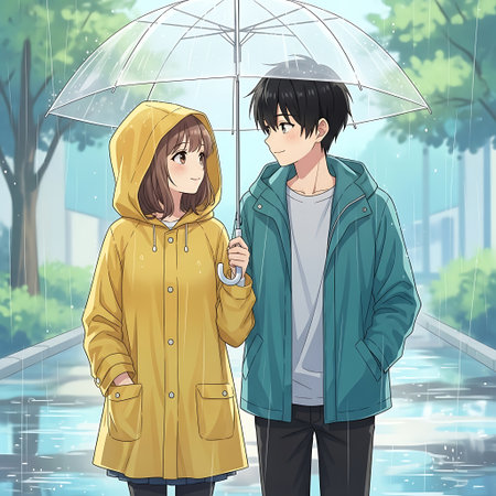 Young man and woman standing under an umbrella in the rain. Vector illustration.の素材
