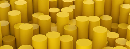 yellow cylinders of different heights. abstract yellow backgroundの写真素材