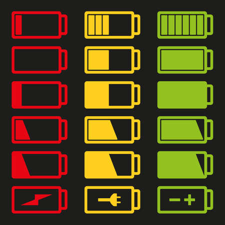 Battery flat icon set vector illustration isolated on gray background. Symbols of battery charge level, full and low.のイラスト素材