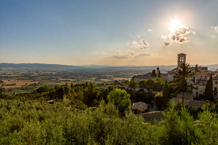Panorama of Assisi village and Perugia countryside, Umbria, Italy, Europeの写真素材