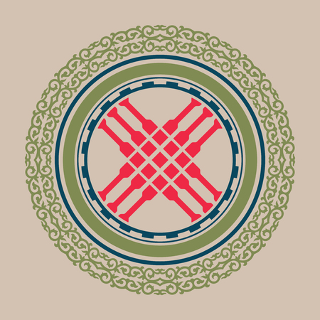Shanyrak, tundyuk, toono - a constructive element crowning the dome of the yurt. Traditional ornament of Asian nomads: Mongols, Kazakhs, Kirghiz, Bashkirs, Tatars.のイラスト素材