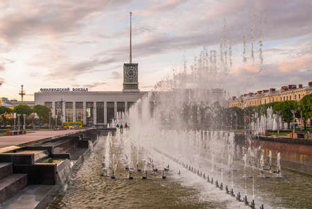 Russia, Saint-Petersburg, June 2019: Filnaldsky railway station. Lenin square with fountainのeditorial素材