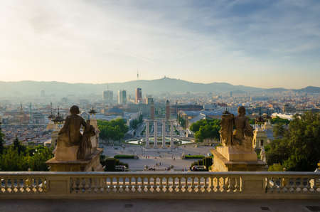 Barrcelona, Spane, June 2014: View of Plaza de Espana with Venetian towers in Barcelona. Barcelona seen from the terrace of the Catalan Art Museum, Spainのeditorial素材