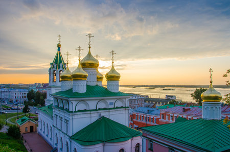 Golden domes of the Church of the Nativity of John the Baptist in Nizhny Novgorodの写真素材