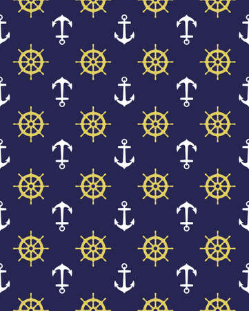 Seamless nautical pattern with anchors and steering wheels. Design element for wallpapersのイラスト素材