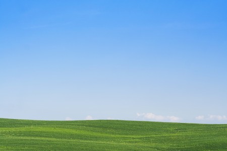 Typical Tuscany (Val d' Orcia) landscape with blue sky and rolled hills.の写真素材