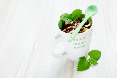 Delicious ice cream with green spoon and mint.の写真素材