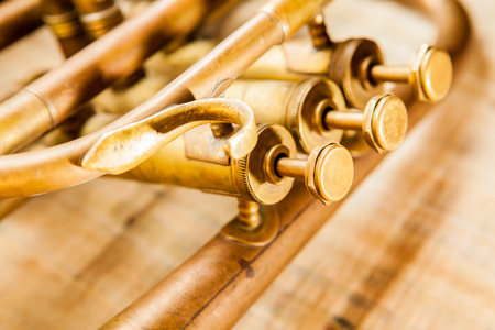 Old damaged brass trumpet photographed on papyrus.の写真素材