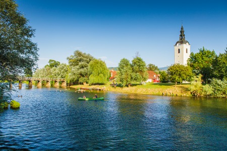 Beautiful Slovenian town Kostanjevica on river Krkaのeditorial素材