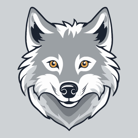 A cute wolf looking straight ahead, vector illustration, hand drawn style, happy expression.