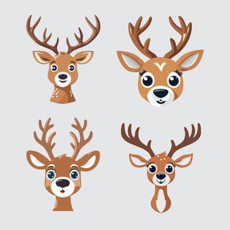 A few cute and funny deer heads, with funny expressions, looking directly ahead, vector art collection. Hand drawn styleのイラスト素材
