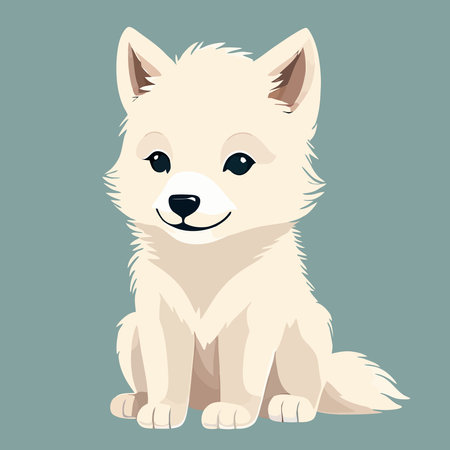 A cute cartoon illustration of a white puppy sitting on a gray background. The puppy has big, brown eyes and a fluffy tail. It is looking at the camera with a curious expression.のイラスト素材
