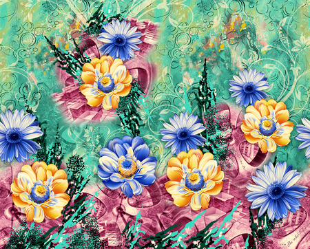 Beautiful colorful textile print design with flowerの写真素材