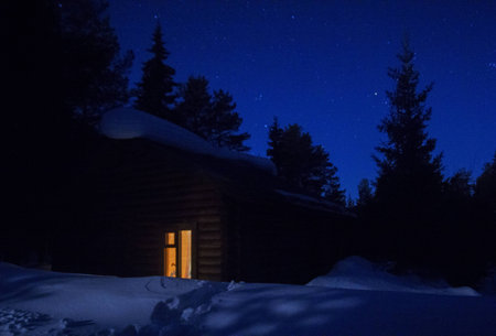 wooden house in winter at night. Winter drive way with lights far away.