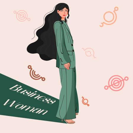 Vector illustration of a business woman in a suit. A girl in a strict suit. Cosmic patterns.