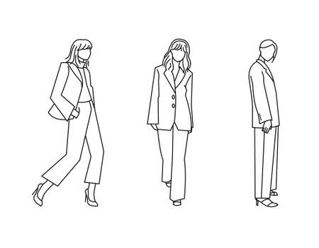 Set of icons with business. The vector illustration includes three poses of models in business suits. Vector icons for business.のイラスト素材