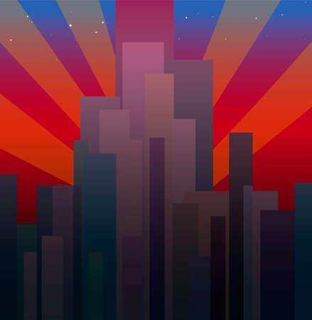 Vector background of the evening city. Tall skyscrapers in the crimson sunset aim for the stars. Abstract texture.のイラスト素材