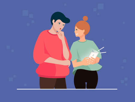Vector illustration of people discussing the news on the internet. The girl holding the phone in her hands shows the guy a sensation that obviously surprised him. Geometric simple background.のイラスト素材