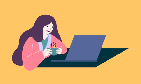 Vector illustration of a girl drinking hot tea at remote work while sitting at a laptop. Work from...