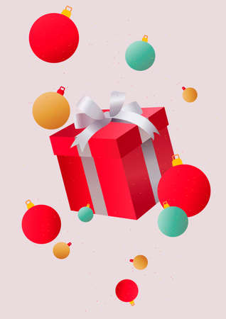 Design of realistic Christmas decoration with wrapped gift with bow and falling Christmas tree decorations. Christmas or New Year banner, poster, brochure or greeting card.のイラスト素材