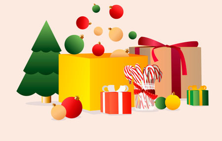 Merry Christmas and Happy New Year! Christmas realistic gift and decor design. Gift box, Christmas balls, Christmas tree, caramel candies.のイラスト素材