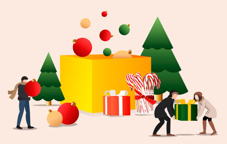 Christmas realistic gift and decor design. People in winter clothes are huge gifts and toys. Gift box, Christmas balls, Christmas tree, caramel candies, working people.のイラスト素材