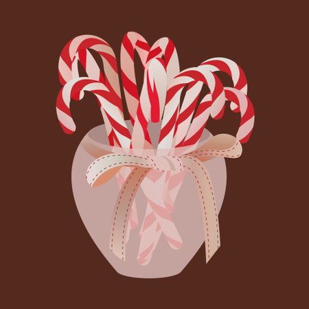 Festive sweets in a jar. Merry Christmas and Happy New Year. A small jar with a ribbon in a knot bow with caramel candy canes inside. Christmas and New Year sweets.のイラスト素材