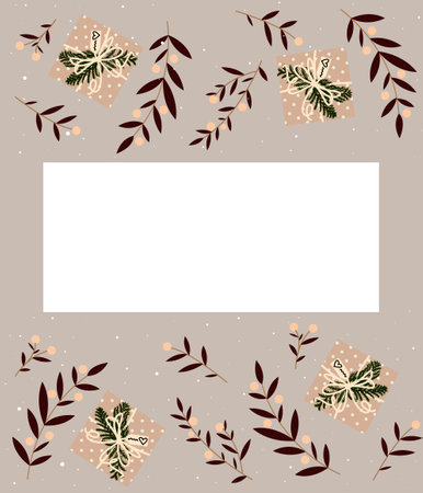 Modern festive template for postcards, background, brochures, cards. Christmas and New Year design with a place for a signature, on the background of decorated gifts and holly branches.のイラスト素材