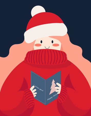 Merry Christmas and Happy New Year. Modern cute design of a composition of a girl who reads a postcard from relatives. Warm sweater, greeting card, Christmas hat, smile.のイラスト素材