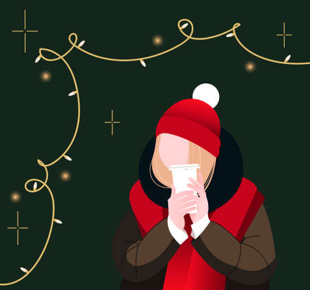Merry Christmas and Happy New Year. Festive vector illustration of a girl in winter clothes drinking a hot drink. Christmas decor, garland, stars, glare, glow.のイラスト素材