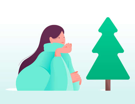 Merry Christmas and Happy New Year. Festive vector illustration of a girl in a warm sweater admiring a festive Christmas tree.のイラスト素材