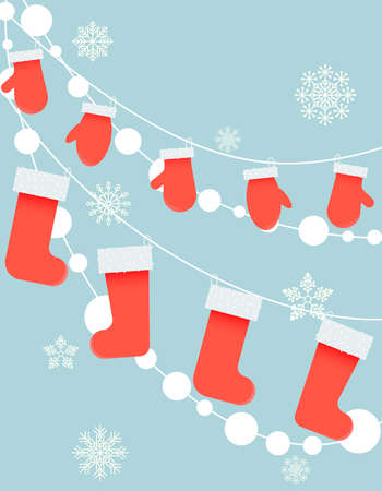 Illustration of warm socks and mittens on a rope. Winter warm decor on the background of garlands of...