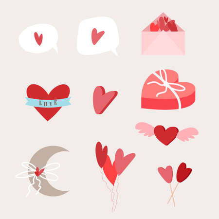 Vector set of holiday objects for romantic background. Valentine's Day. Messages, envelope, postcard, box of chocolates, month, bow knot, balloons, lollipops.のイラスト素材