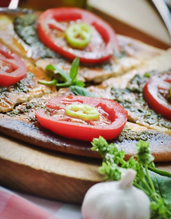 Mediterranean cuisine- tomato, basil, garlic and olive oilの写真素材