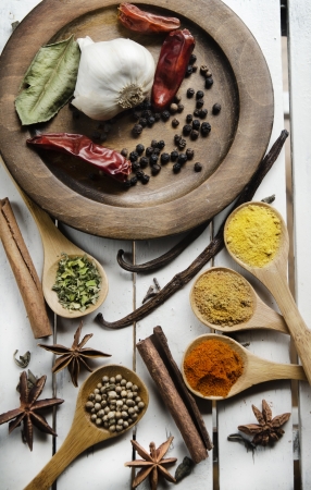 Various of spices on wooden tableの写真素材