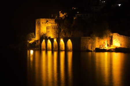 Antique fortress at night in Alanya, Turkeyのeditorial素材