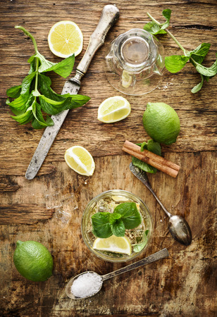 Mojito ingredients on rustic wooden backgroundの写真素材