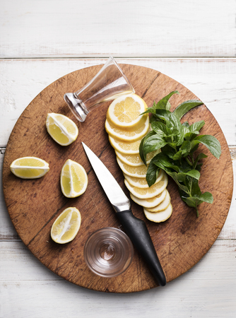 Cocktail ingredients on wooden board.の写真素材