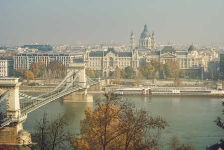 Chain bridge and parliament in Budapest, Hungary.の写真素材