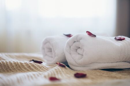 Luxury spa hotel room for romantic weekend.の写真素材