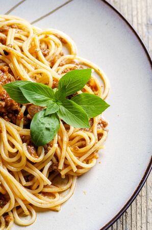 Plate of spaghetti bolognese from above.の写真素材