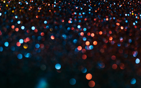 Neon bokeh background with blue, yellow and pink colors on dark. Blur halftone glitter texture....