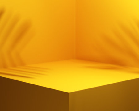 Yellow background studio interior room with tropical palm shadow. Minimalist summer product stage platform mock up. 3d render of square empty space with plant shade for product placement.の写真素材