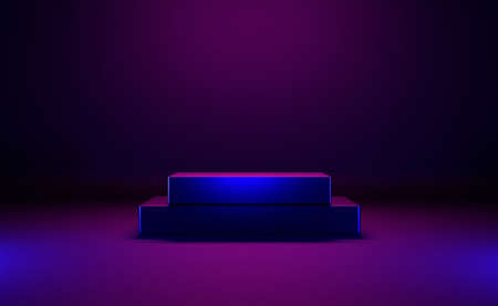 Futuristic pink an blue metallic podium platform for product placement. 3d rendering cyber pedestal...